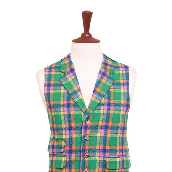 Mens Vest 44R Plaid Green Orange Blue Wool Lapel Waistcoat Formal Wedding Party - Picture 4 of 9